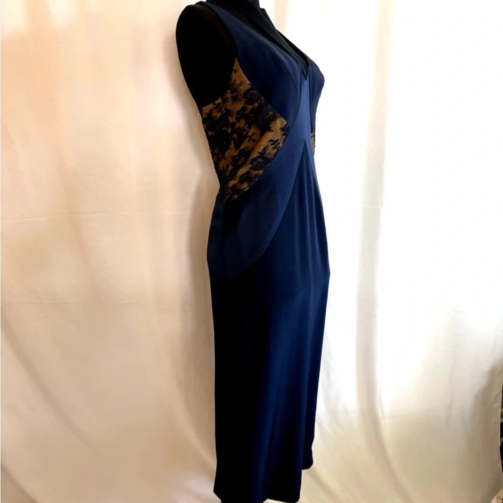 Peggy Jennings Navy Satin Midi Dress with Lace Sides - size Small - Picture 3 of 6